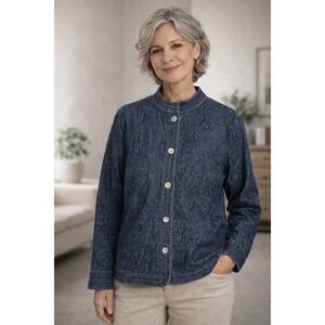 Charter Club Embroidered Floral Denim Jacket with Mother-of-Pearl Buttons / SZ L